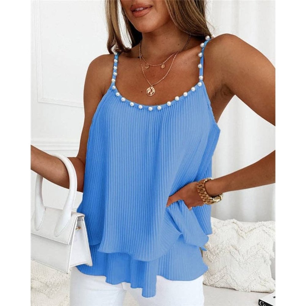 Women’s New Blue Feminine Pearl Detail Tank Top.